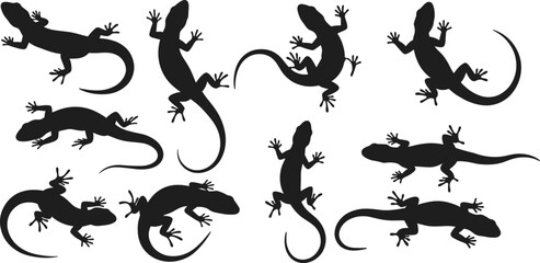 “Collection of lizard and gecko silhouettes in various poses on white background, reptile vector illustration perfect for wildlife, nature and design projects”