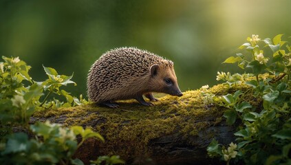 Fototapeta premium European hedgehog in natural habitat foraging on log and ivy, highlighting wildlife observation, World Wildlife Day