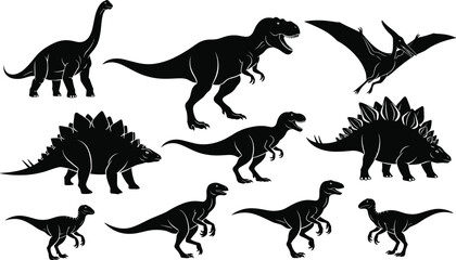 “Collection of dinosaur silhouettes in various poses, detailed prehistoric reptile vector set perfect for Jurassic themed designs, education and graphic projects”