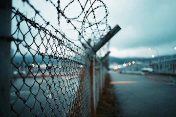 Metal mesh fence with concrete pillars surrounds an industrial site. The fence is securely installed along a walkway. Clear skies can be seen above, indicating daytime