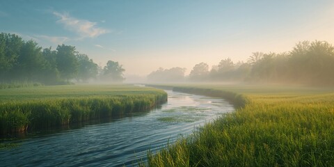 Naklejka premium River scene with gentle fog and reflective water, highlighting seasonal change in a natural setting