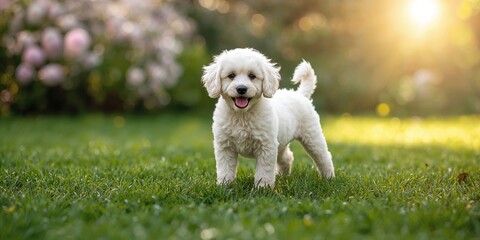 White male poodle puppy on a plain background, suitable for pet care and training guides