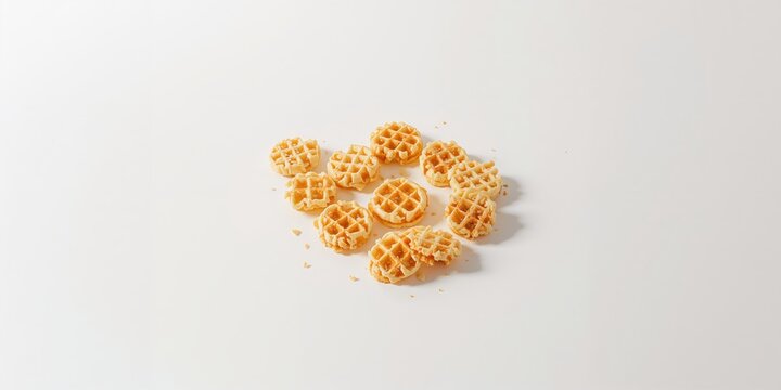 Miniature round waffles placed on a plain white background, suitable for food layout design