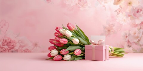 Valentine's Day flowers with a pink gift box and blank card, ideal for expressing affection