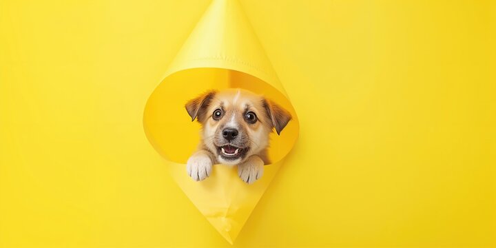Dog puppy on yellow background playful innocence, ideal for children's pet care content