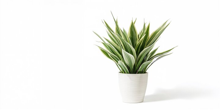 Close-up side view of a potted Chlorophytum laxum plant with sword-shaped leaves featuring white and green variegated borders, suitable for plant care background