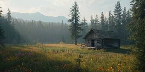 Naklejka premium Old cabin hidden in Siberian taiga, surrounded by flora and fauna, weathered wood as a sign of natural erosion, Earth Day