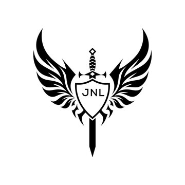 Winged Sword and Shield Logo with JNL Letters, Heraldic Emblem, Black and White Vector Design, JNL  Later Logo,
