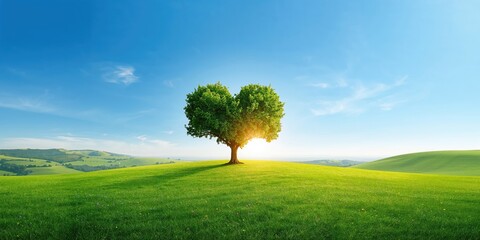 Naklejka premium Abstract heart-shaped tree under a blue sky, serving as a background for nature-themed layouts