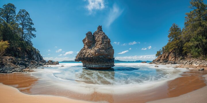 Beach scene with rocky outcrop and pine trees, winter landscape seasonal change