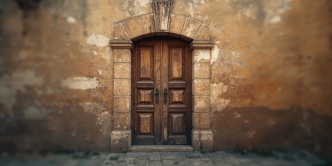Weathered wooden door on a historic building exterior, highlighting architectural heritage
