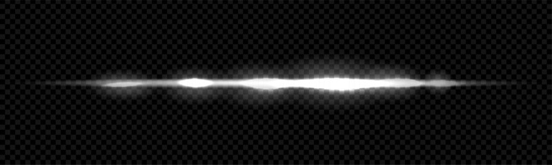 Neon light beams and white laser lines with bright glow and flare. Speed streaks effect for black background and this futuristic graphic design. Space blurry strip for frame or silver sky trail
