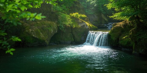 Flowing stream beneath a small waterfall during summer, highlighting natural water features and lush vegetation