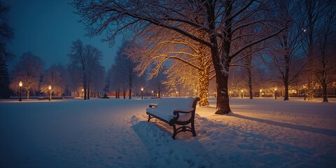 Snowy evening scene featuring a bench among trees with shining lights under falling snow, highlighting winter atmosphere