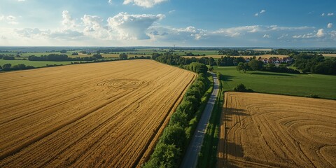 Naklejka premium Bird's-eye perspective of a countryside scene with wheat fields and a curved road in Estonia, emphasizing seasonal change