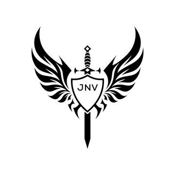 Winged Sword and Shield Logo with JNV Letters, Heraldic Emblem, Black and White Vector Design, JNV  Later Logo,
