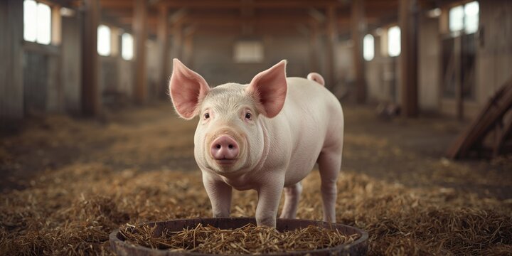 Image of a cheerful pig in a large farm stall, highlighting livestock housing standards for World Animal Day
