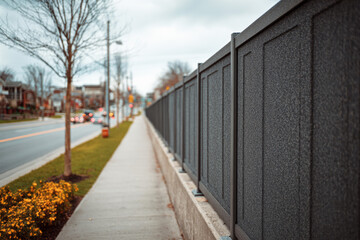 Dark textured panels form a soundproof barrier protecting a peaceful neighborhood from the noise of nearby traffic, enhancing the residential area's tranquility and comfort