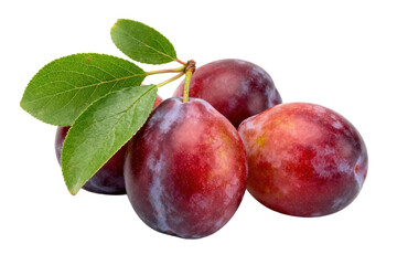 Fototapeta premium Fresh and juicy plums with green leaves on white background