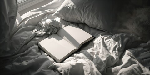 Monochrome journal open on a desk surface, serving as a UI backdrop for writing projects, National Writing Day
