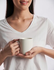 Beautiful Asian Woman Hands Holding Blank White Coffee Mug Mockup Close Up