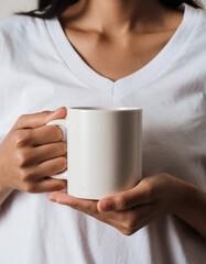 Beautiful Asian Woman Hands Holding Blank White Coffee Mug Mockup Close Up
