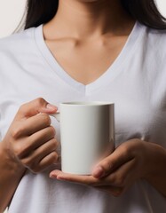 Beautiful Asian Woman Hands Holding Blank White Coffee Mug Mockup Close Up
