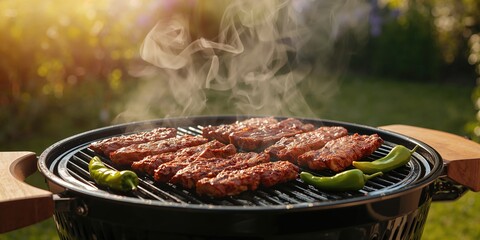 Barbecue with cooked meat and green hot paper, focusing on food preparation safety