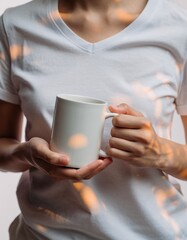 Beautiful Asian Woman Hands Holding Blank White Coffee Mug Mockup Close Up