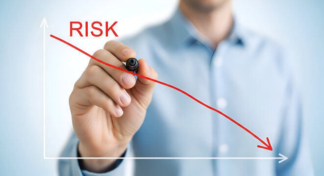 Businessman hand drawing a downward trending red line graph labeled risk reduction on a transparent surface symbolizing financial control and strategy