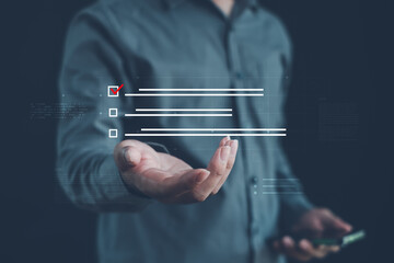 person interacting with a digital checklist on a virtual interface, symbolizing task management, workflow organization, productivity systems, online form completion, and efficient digital planning.