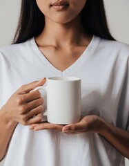 Beautiful Asian Woman Hands Holding Blank White Coffee Mug Mockup Close Up