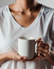 Beautiful Asian Woman Hands Holding Blank White Coffee Mug Mockup Close Up