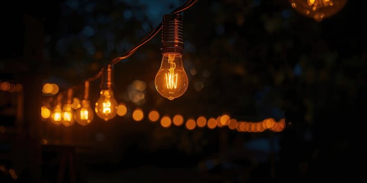 Nighttime scene with illuminated round bulbs strung along wires at an outdoor event, enhancing ambiance - Powered by Adobe