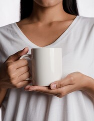 Beautiful Asian Woman Hands Holding Blank White Coffee Mug Mockup Close Up
