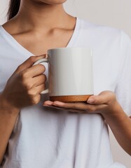 Beautiful Asian Woman Hands Holding Blank White Coffee Mug Mockup Close Up