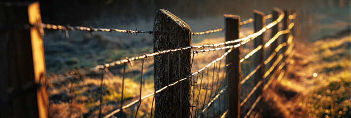 A close-up shows a rustic fence made of wooden posts and wire mesh. The sun casts warm light on the fence, highlighting its texture in a countryside setting during early morning, banner