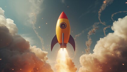 Animated rocket launching into flames with jet exhaust, illustrating propulsion technology in operation