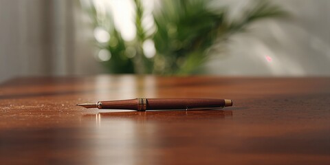Fototapeta premium A ballpoint pen resting on a wooden surface, suitable for office work or note-taking, writing tools