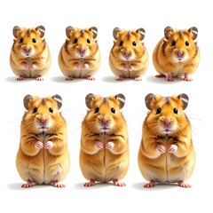 Eight fluffy golden hamsters stand attentively in two rows against a stark white background, exhibiting curious expressions