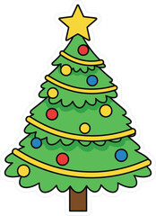 A cheerfully decorated green Christmas tree ready for the holidays with colorful ornaments and a shining star
