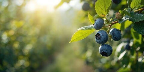 Fresh organic blueberries on a branch, suitable for nutritional information or health benefits, Earth Day