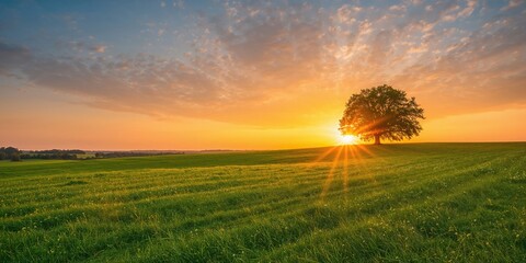 Naklejka premium Green field and blue sky with light clouds at sunset, ideal for agricultural background design