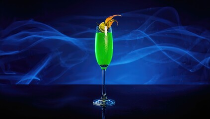 Vivid green neon Halloween drink on dark blue backdrop, ideal for minimal spooky celebration visuals