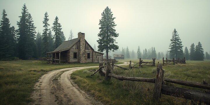 Ghost town scene with abandoned log cabin and dirt trail in Miners Delight Wyoming, exploring historical preservation