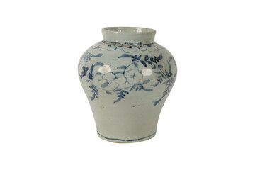 Antique Blue & White Ceramic Jar with Floral Design PNG