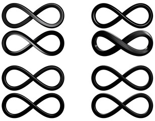 Eight glossy, black infinity symbols arranged in a four by two grid on a plain white background