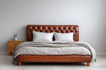Brown leather tufted headboard bed with soft bedding and a bedside table.