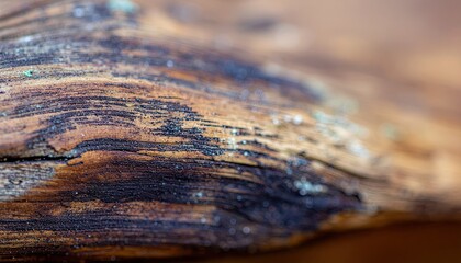 Macro extreme close up on weathered wood texture with glittering mineral deposits and deep brown grain patterns under soft natural lighting