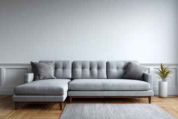 Light grey sectional sofa with tufted cushions and accent pillows sits on a rug.